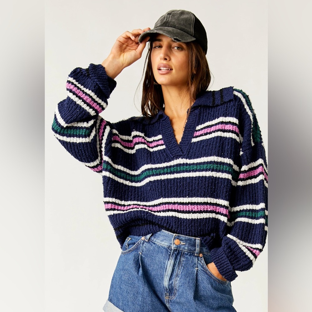 Free People Navy Striped V-Neck Sweater with Pink and Green Stripes